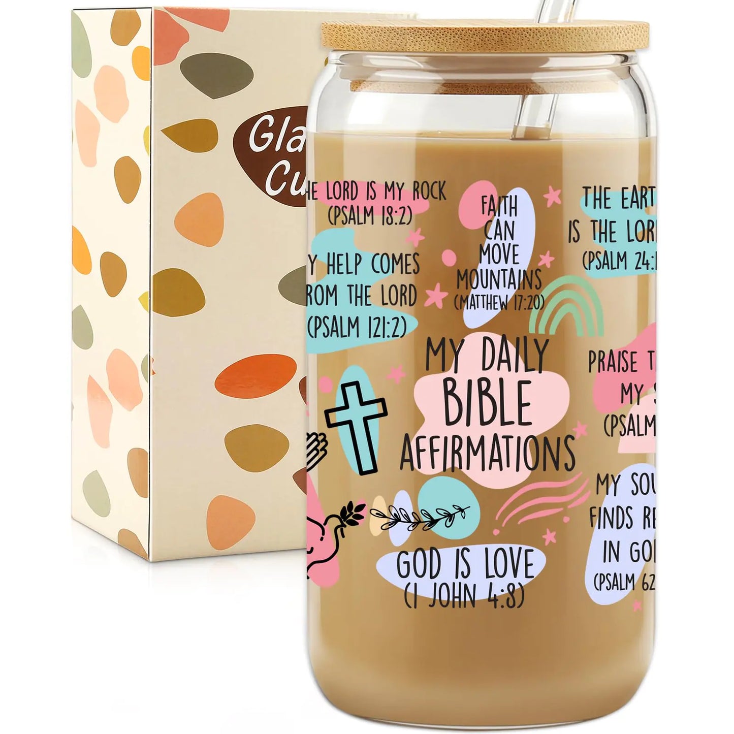 Christian Gifts For Women Glass Cups Tumbler Cups with Lids Straws Affirmations Christian Prayer Gifts Drinking Cup W Bible Verses 16oz Coffee Cups Faith Religious Gift New Year Gifts for Friends