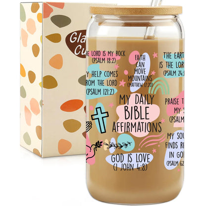 Christian Gifts For Women Glass Cups Tumbler Cups with Lids Straws Affirmations Christian Prayer Gifts Drinking Cup W Bible Verses 16oz Coffee Cups Faith Religious Gift New Year Gifts for Friends